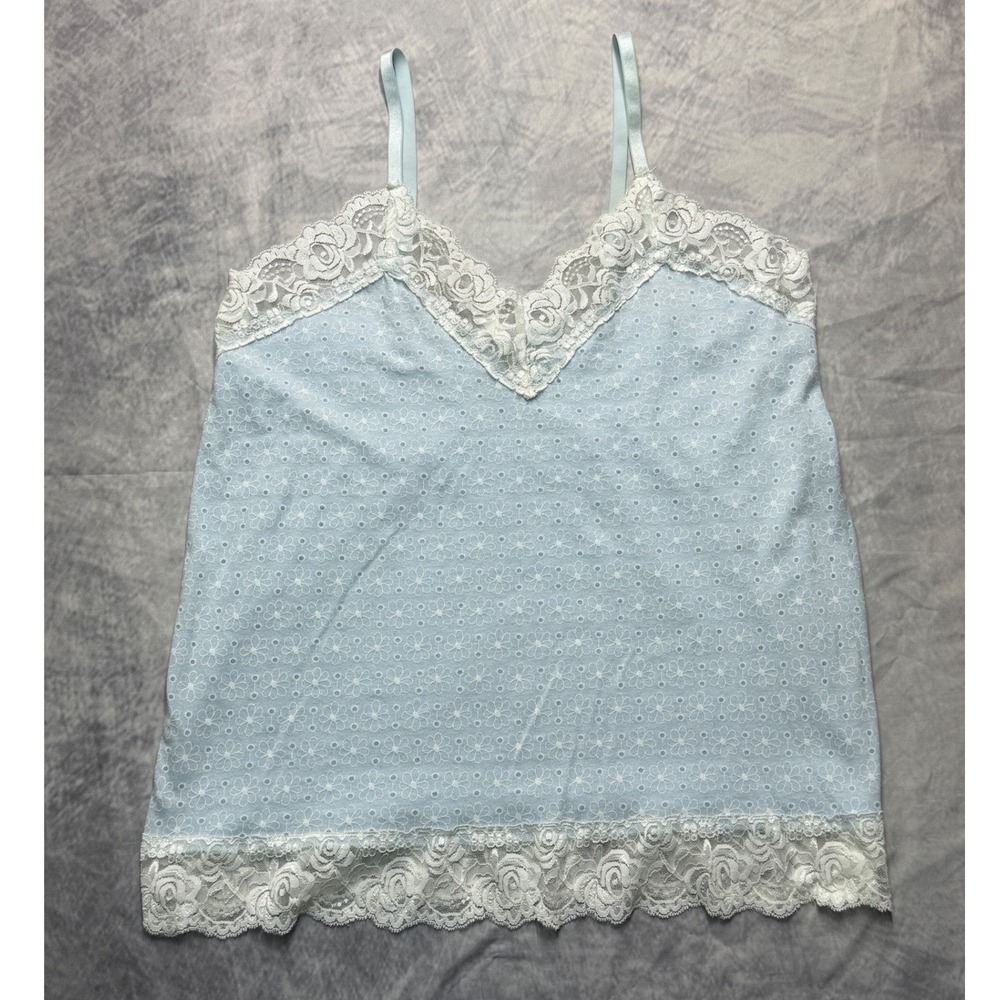 Flora Blue Lace Trim Camisole Top womens sz M coquette cottagecore y2k shabby
